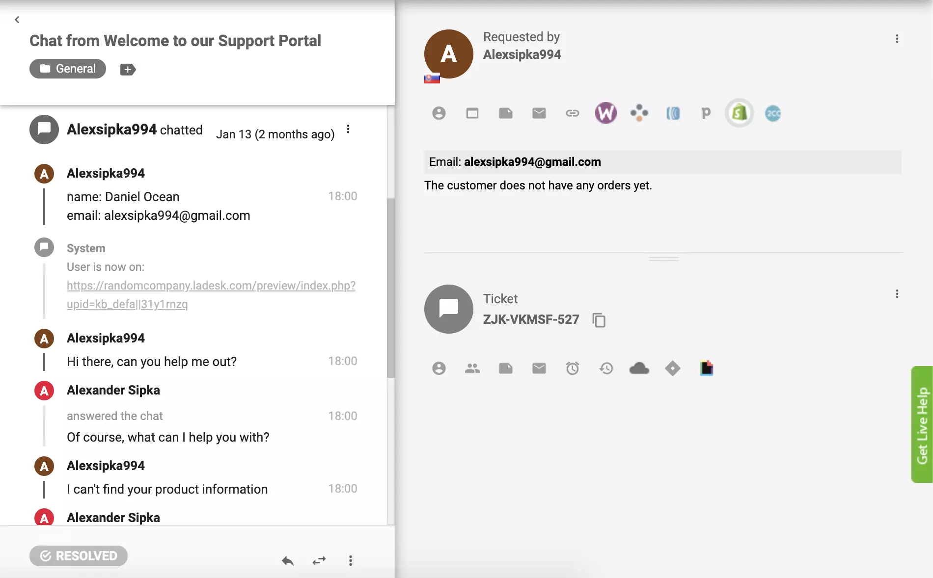 Plugin Shopify je aktívny v LiveAgent a objednávky zákazníkov sú viditeľné z pohľadu lístka