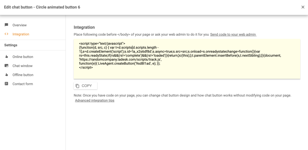 Kód integrácie tlačidla chatu Silverstripe v LiveAgent