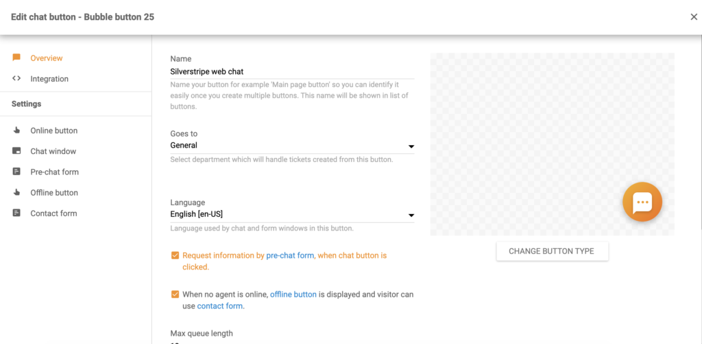 Konfigurácia tlačidla chatu Silverstripe v LiveAgent