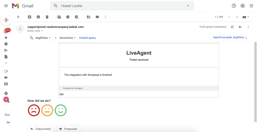 Správa LiveAgent so spätnou väzbou Simplesat v doručenej pošte Gmail