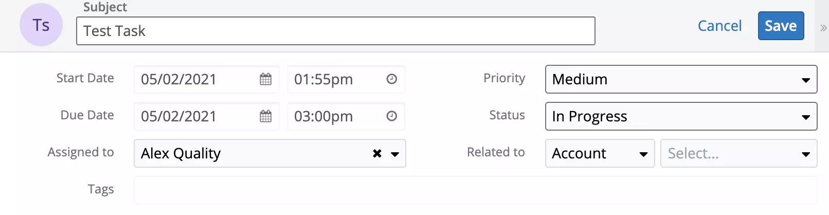 Nová úloha bola vytvorená v SugarCRM