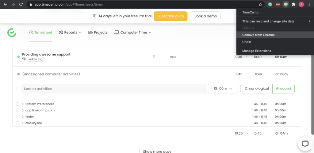Možnosti pluginu Timecamp v Google Chrome