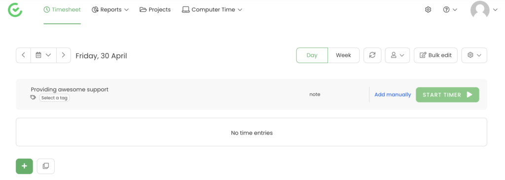 Výber projektu TimeCamp so spustením časovača