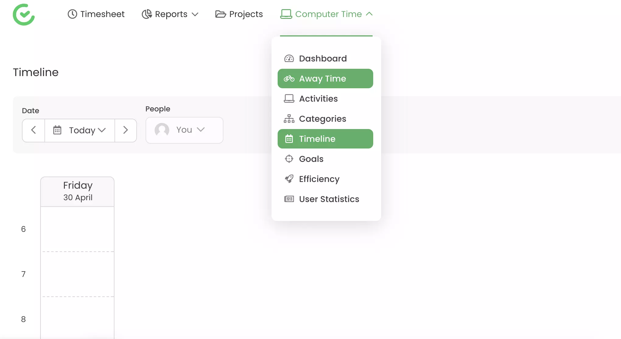 Možnosti sledovania, ako je čas mimo a časová os viditeľná v TimeCamp
