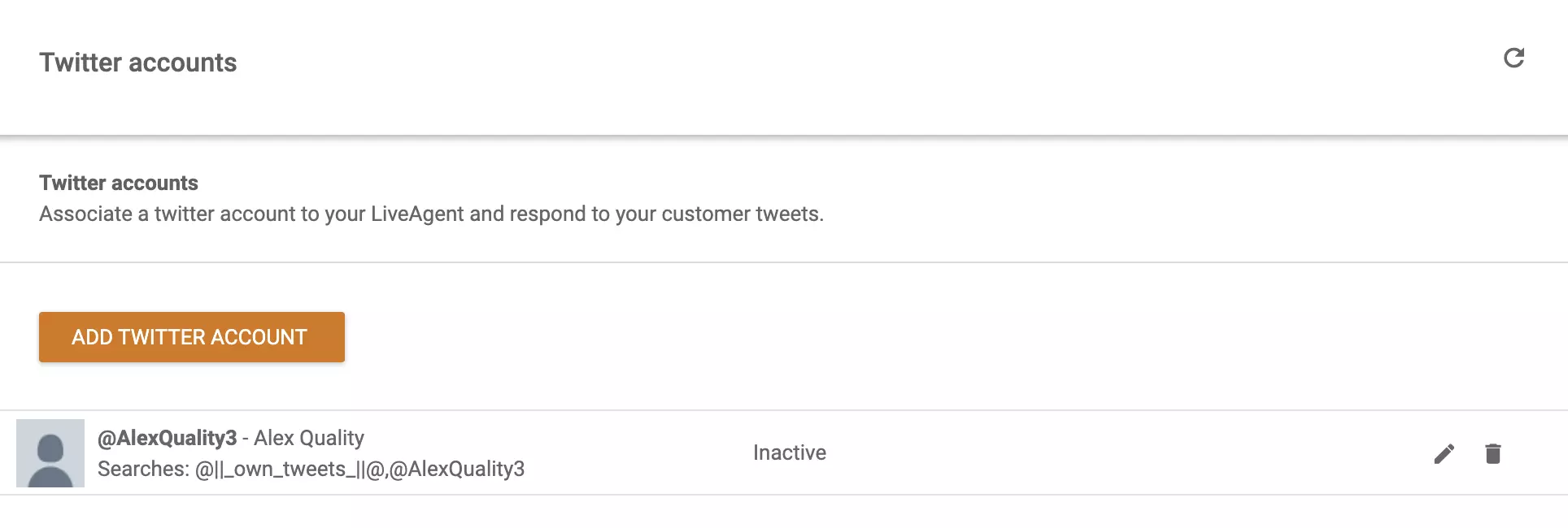 Obrázok účtov pripojených k LiveAgent a možnosť pridania ďalšieho účtu Twitter (X) do zoznamu