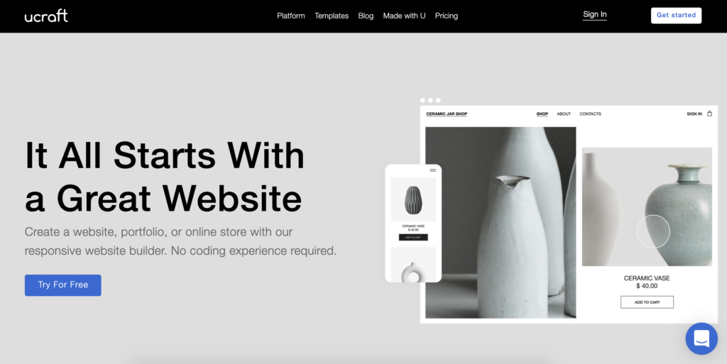 Domovská stránka Ucraft s tlačidlom Začať v pravom hornom rohu