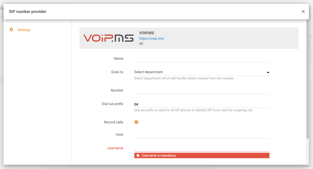 Konfigurácia VoIP.ms v nastaveniach hovorov LiveAgent