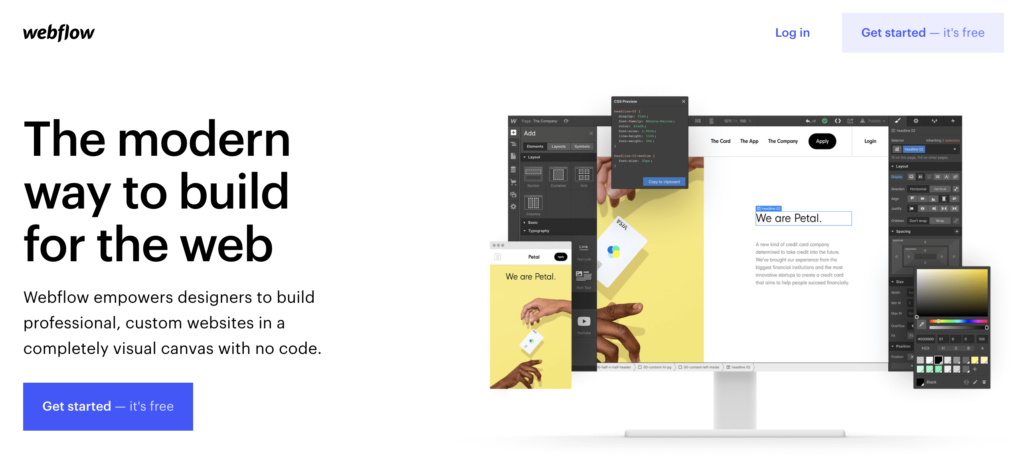 Domovská stránka Webflow s možnosťou skúšobnej verzie v pravom hornom rohu