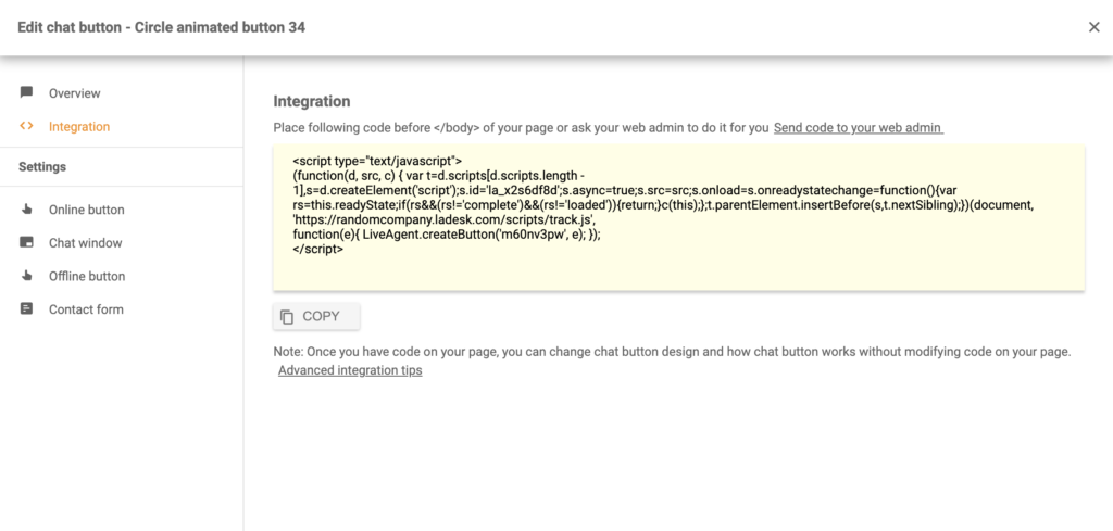 Kód tlačidla chatu po úspešnej konfigurácii v LiveAgent