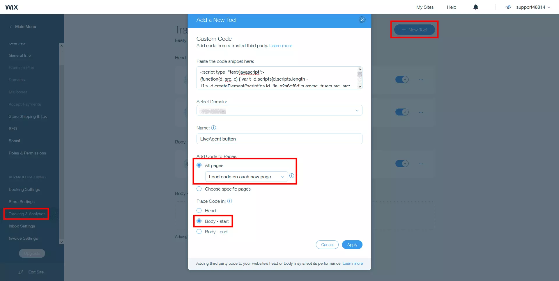Umiestnite kód živého chatu LiveAgent do tela stránky Wix