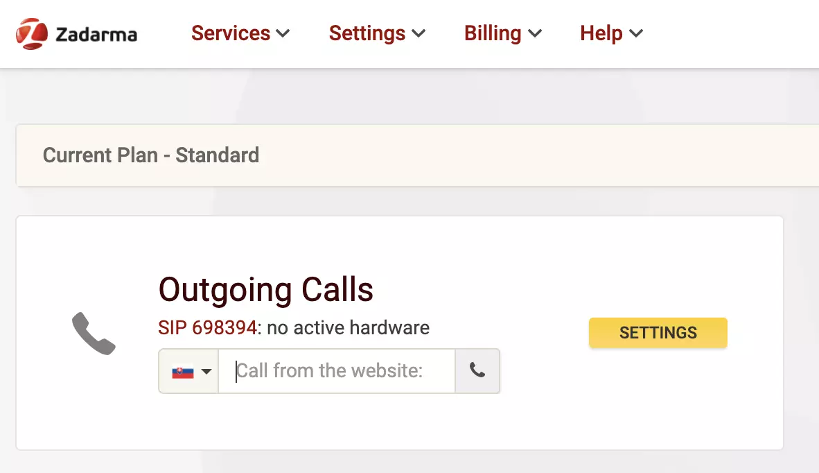 Webová stránka poskytovateľa Zadarma VoIP s možnosťou volania