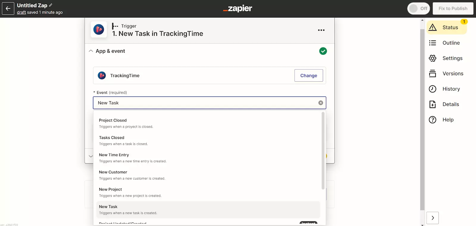 Zapier - nová úloha v TrackingTime