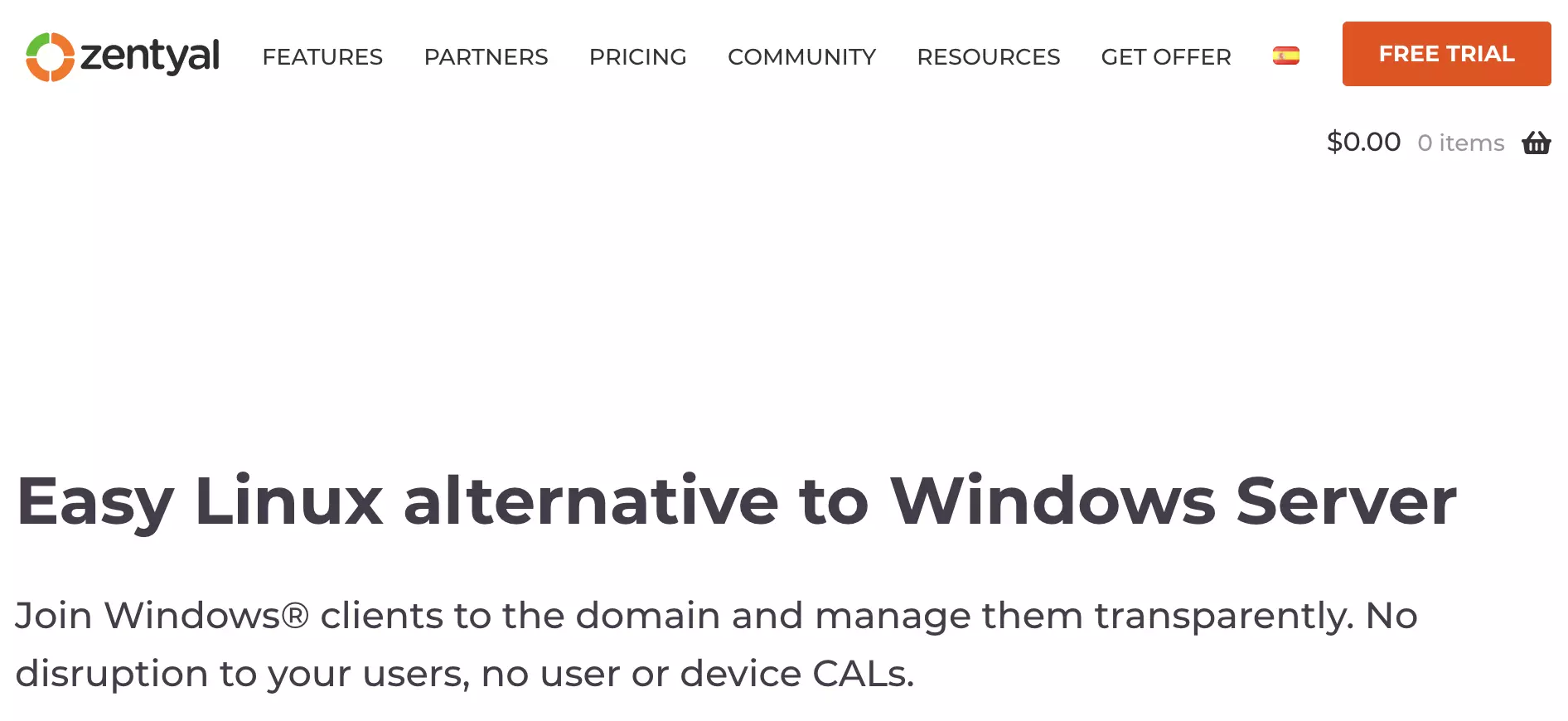 Domovská stránka Zentyal s podstránkami a informáciami