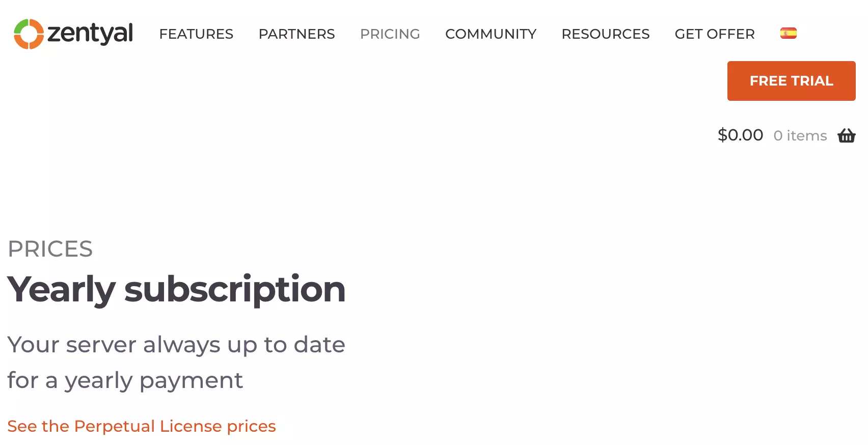 Sekcia plánov Zentyal na webovej stránke Zentyal