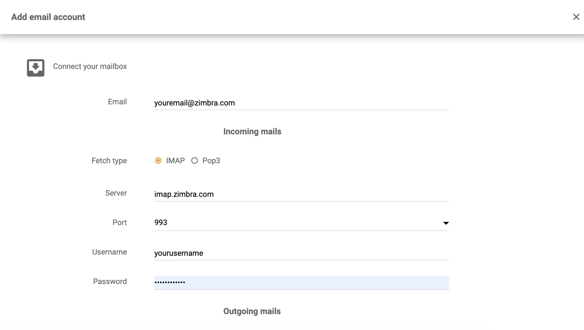Nastavenie IMAP/POP3 Zimbry