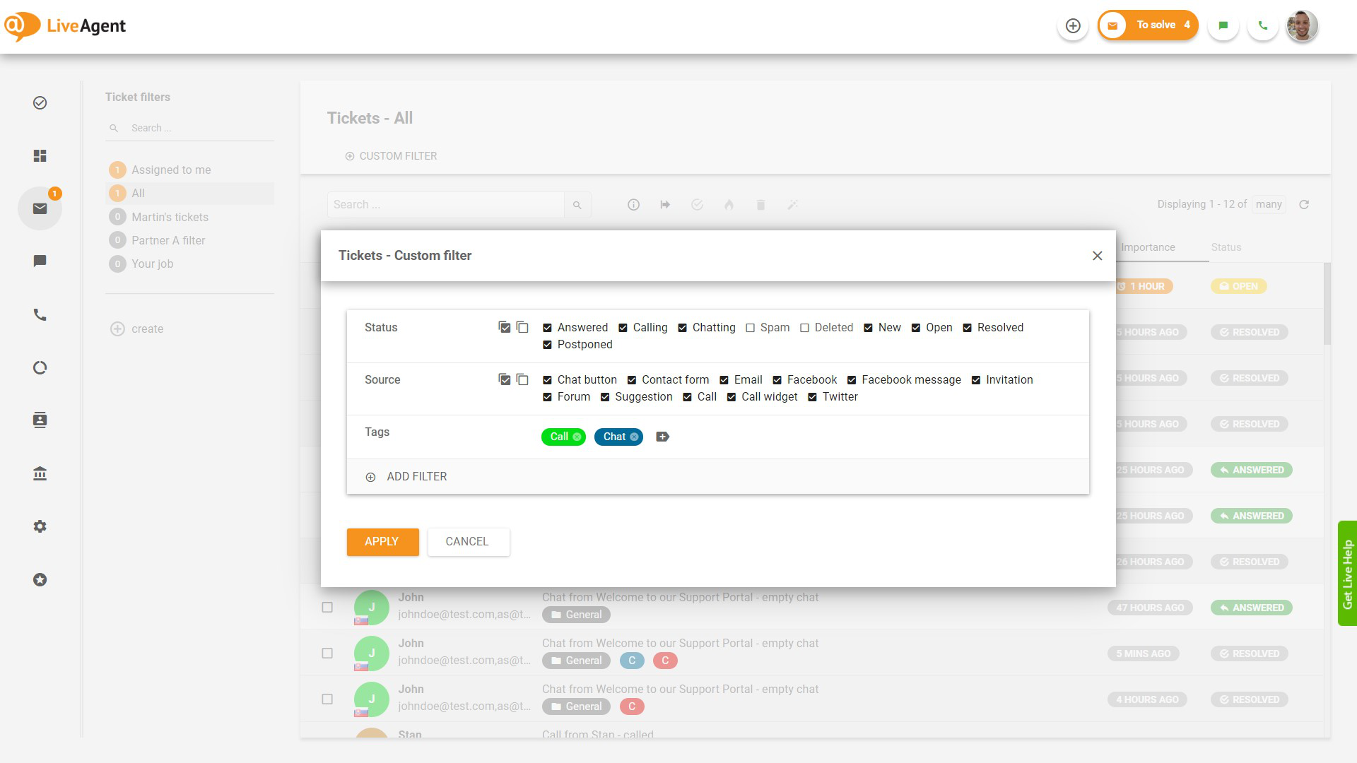 Funkcia filtrovania lístkov podľa značiek v LiveAgent