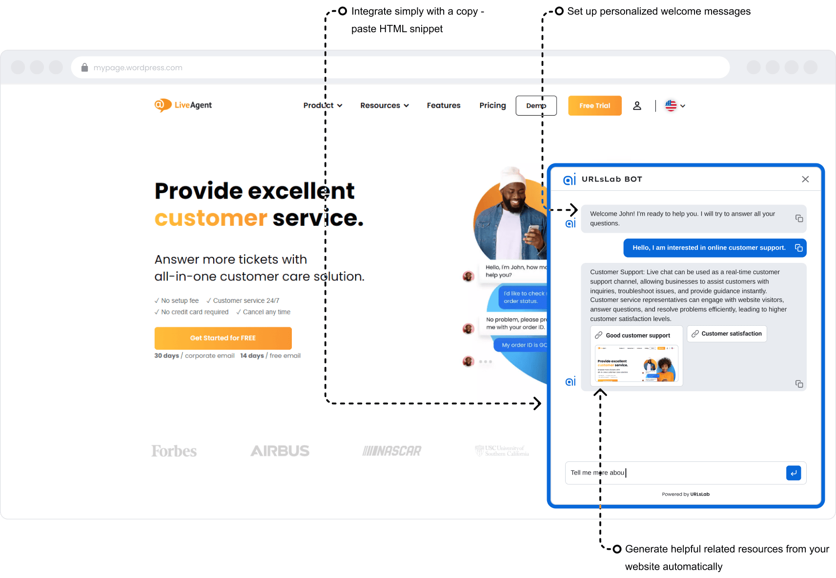 Mockup chatbota URLsLab AI