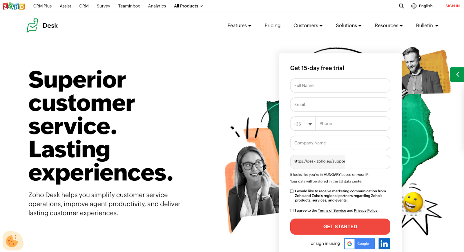 Domovská stránka Zoho Desk ticketing system