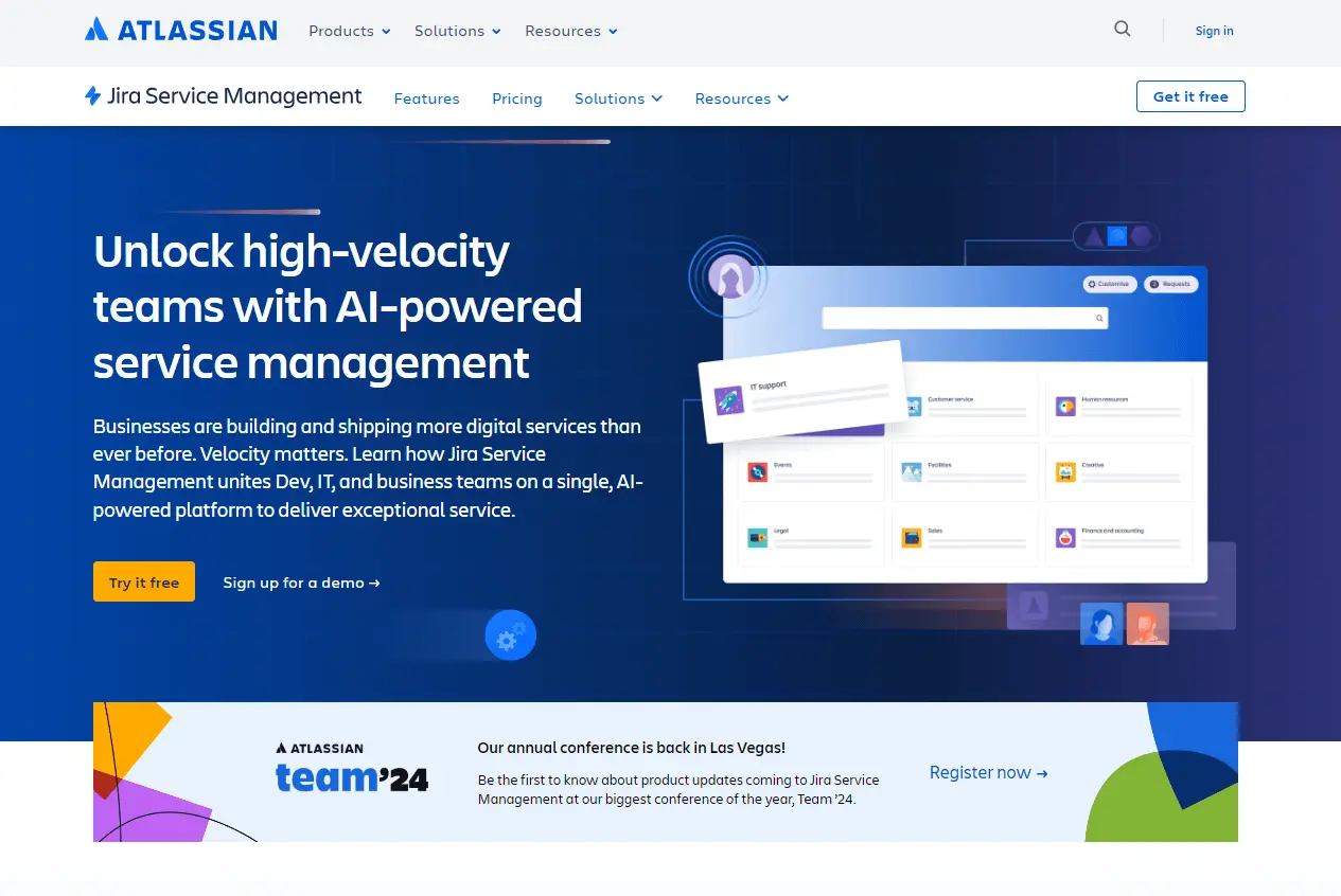 Domovská stránka Jira Service Management, alternatíva Help Scout pre softvér na správu helpdesku