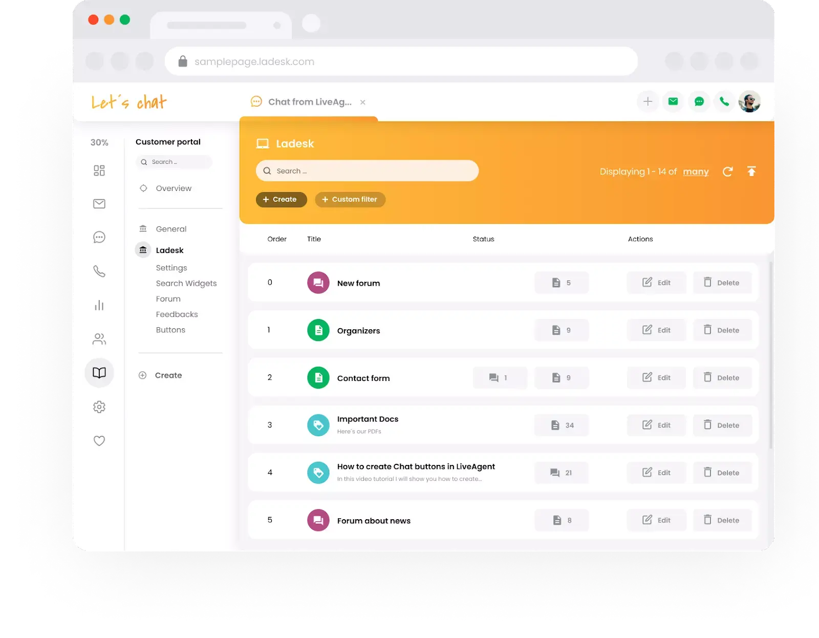 Portál podpory databázy znalostí Live Agent