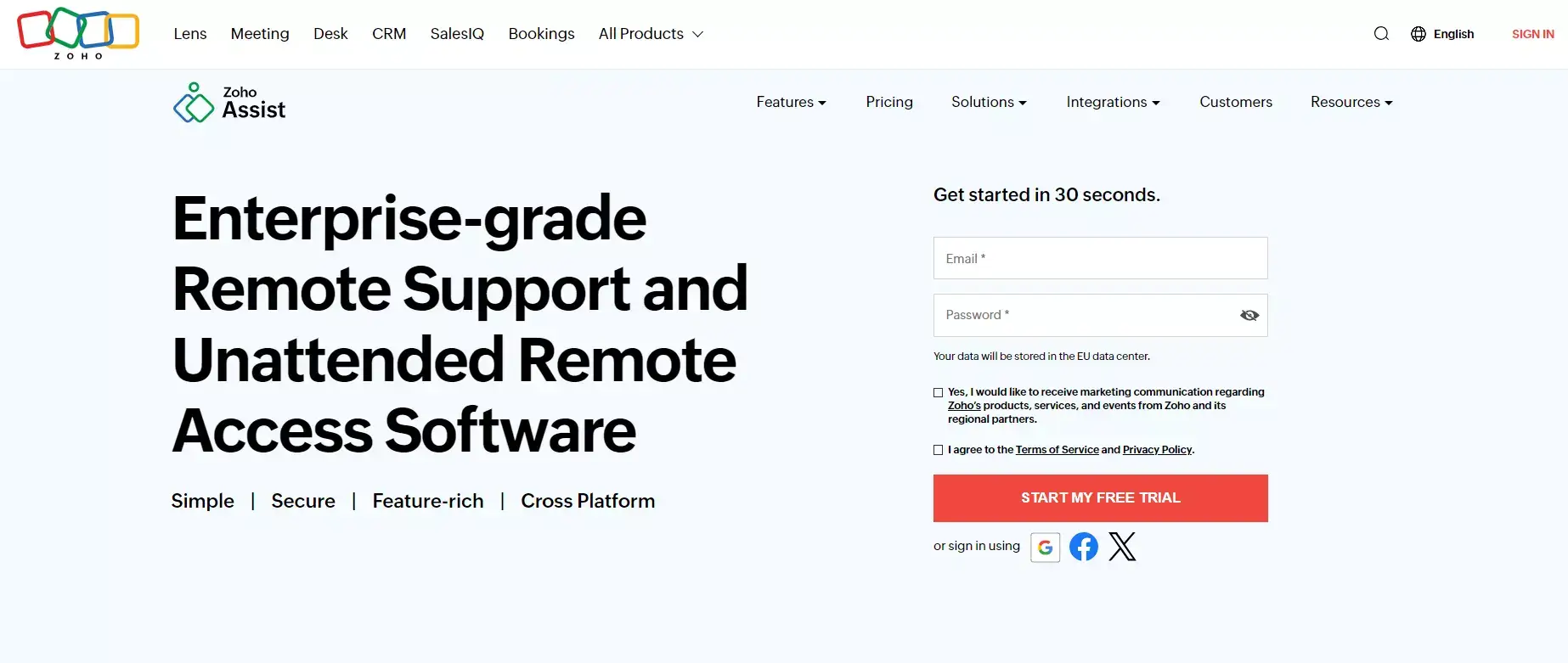 Domovská stránka Zoho Assist - robustný softvér na vzdialenú správu helpdesku