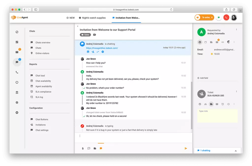 Prehľad rozhrania live chatu v LiveAgent.