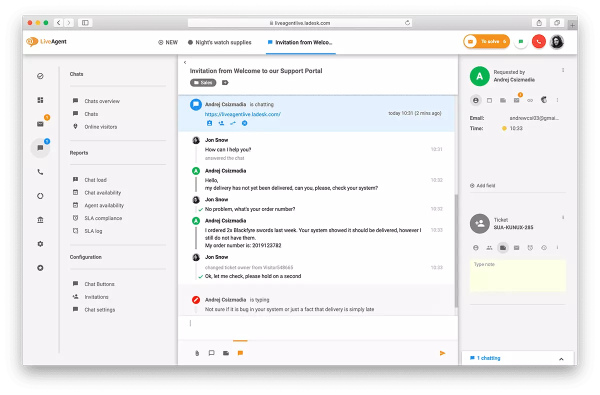 Prehľad rozhrania live chatu v LiveAgent.