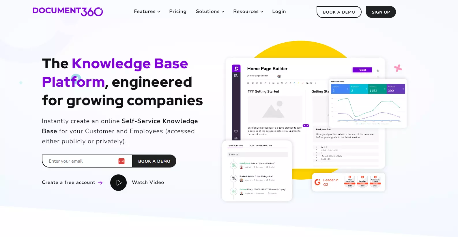 Snímka domovskej stránky Document360 so zameraním na kľúčové funkcie
