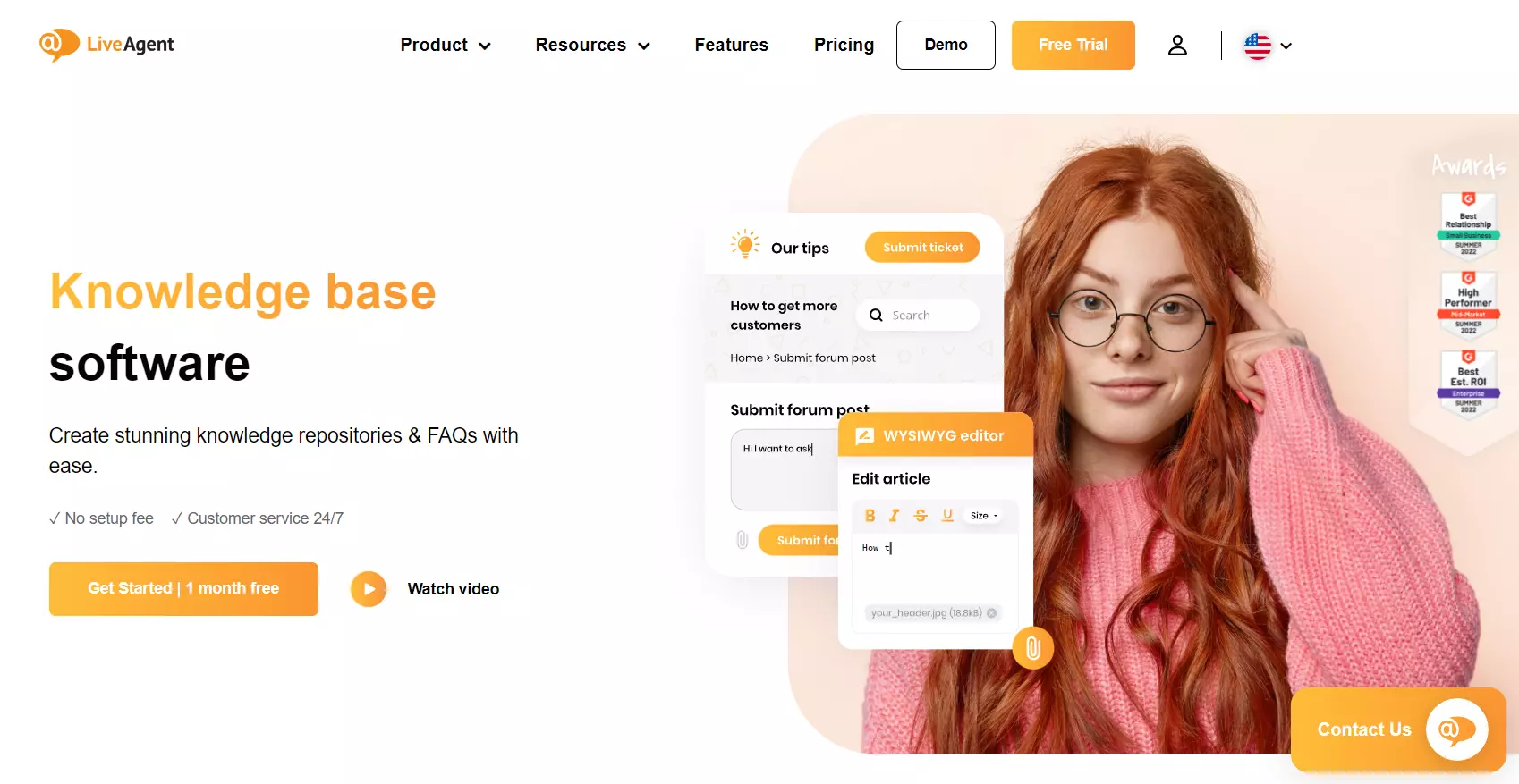 Pútavá domovská stránka LiveAgent s vyzdvihnutím nástroja na správu vedomostnej bázy