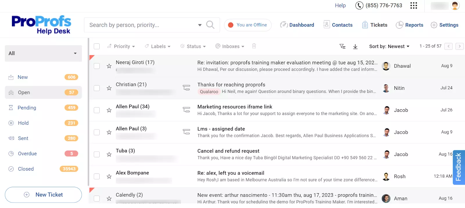 Prehľad otvorených ticketov ProProfs Help Desk