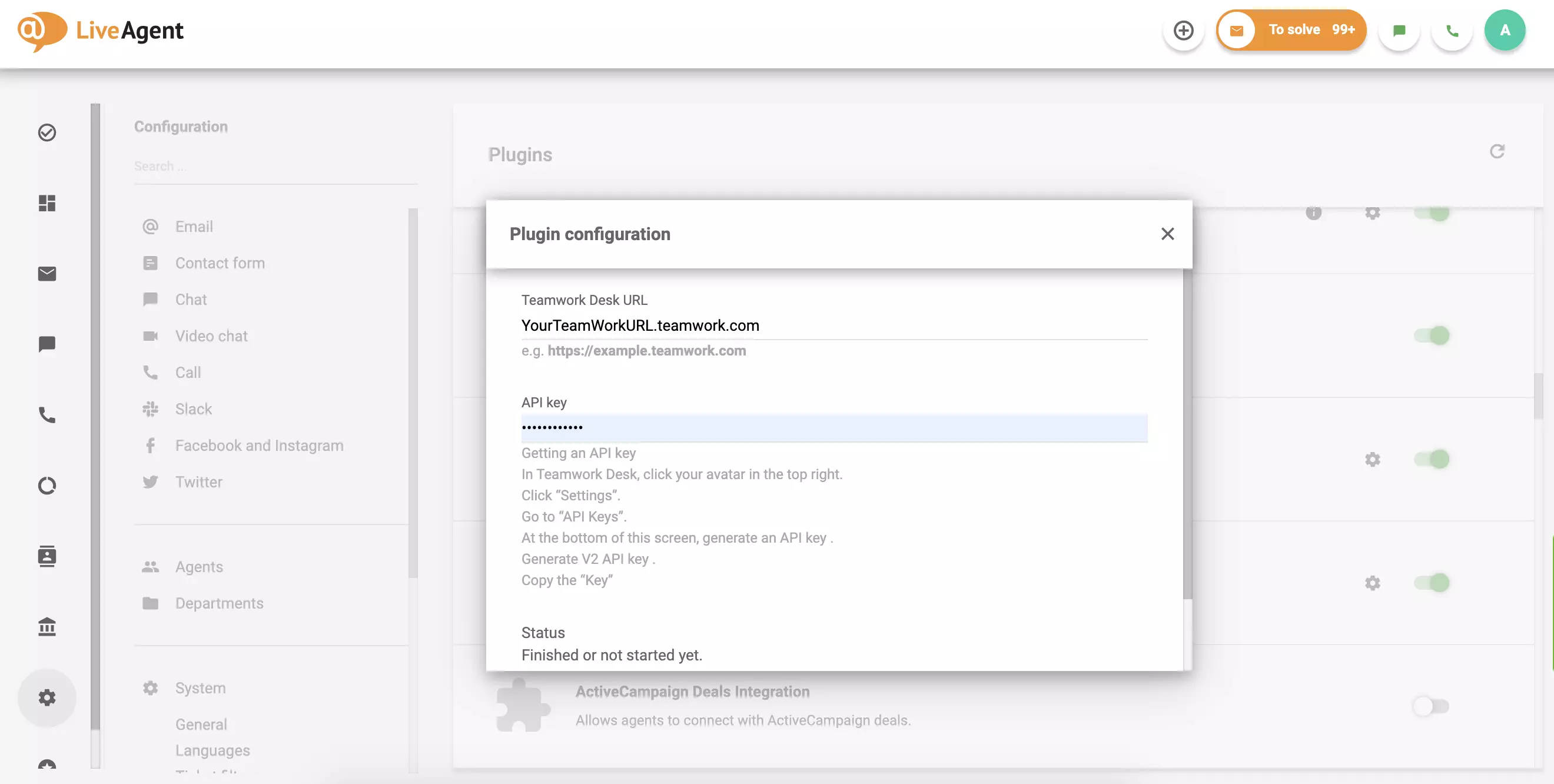 Vyplňte svoju URL adresu Teamwork Desk a API, potom kliknite na Uložiť.