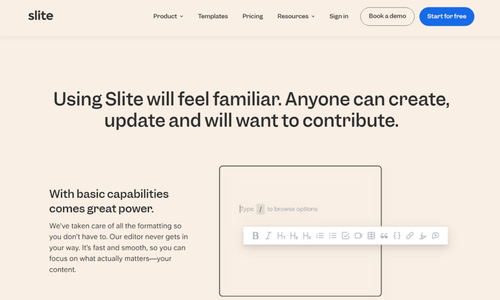 Domovská stránka vedomostnej bázy Slite