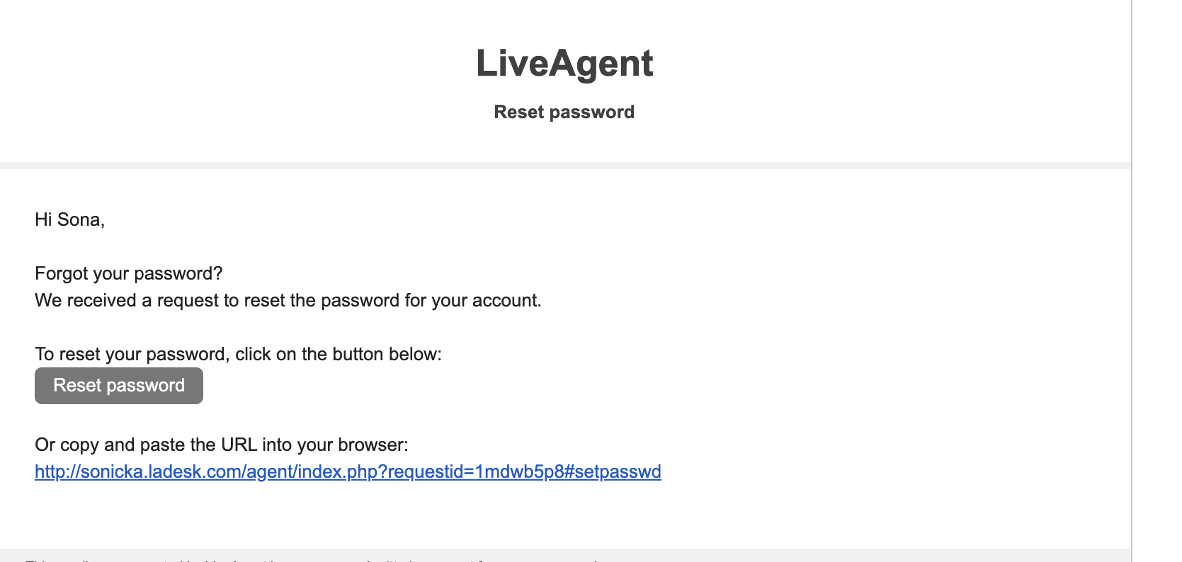 E-mail na resetovanie hesla LiveAgent