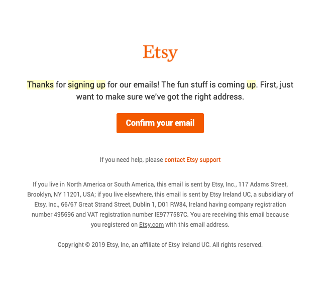 Etsy e-mail na potvrdenie získavania zákazníkov
