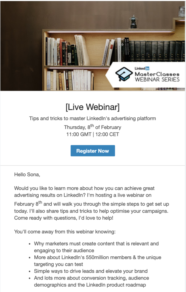 Šablóna e-mailu s náhľadom webinára LinkedIn