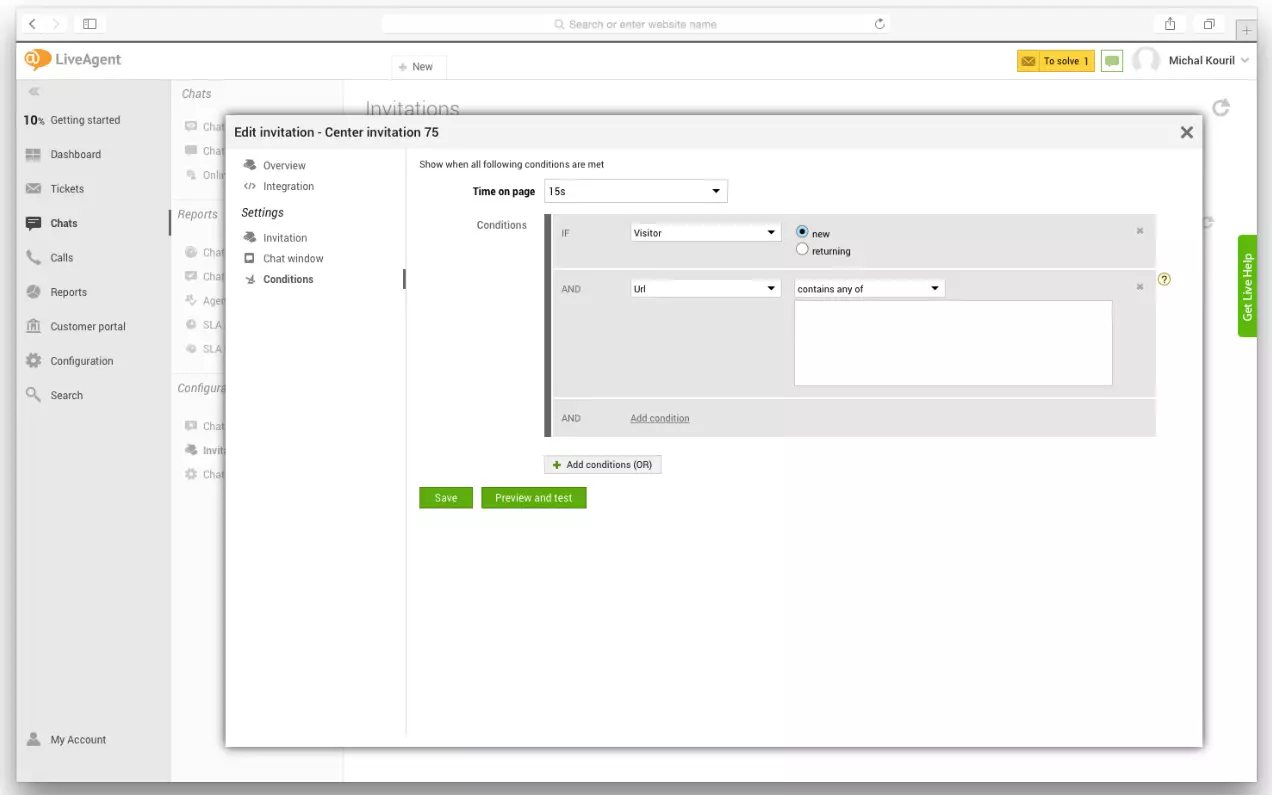 Nastavenia LiveAgent ukazujúce, ako nastaviť spúšťače proaktívneho chatu