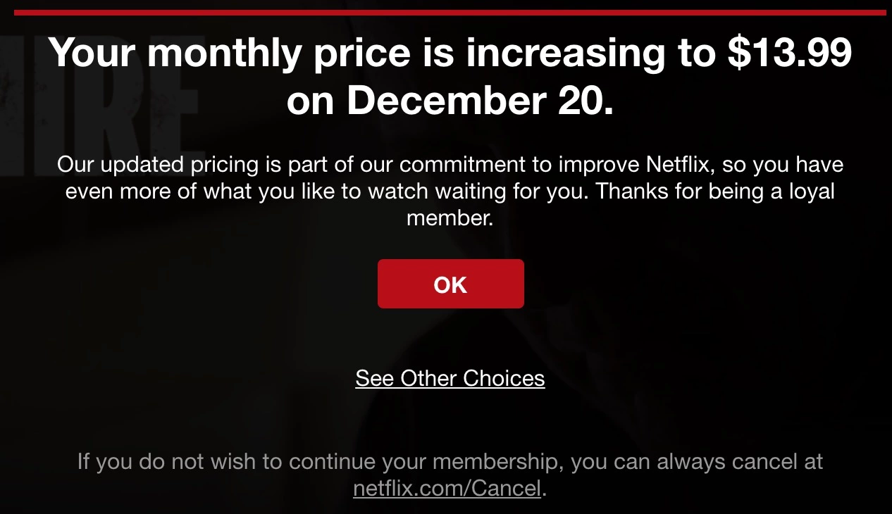 Netflix email šablóna na zvýšenie ceny