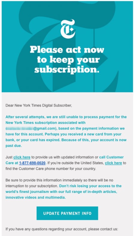Príklad e-mailu na upomínanie od New York Times