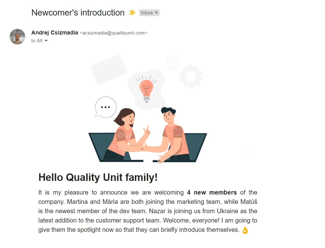 E-mail predstavujúci nového člena spoločnosti Quality Unit