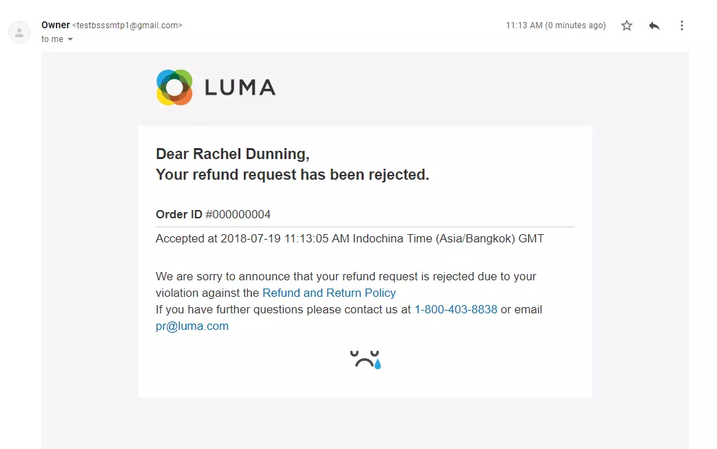 Príklad e-mailu s odmietnutím žiadosti o vrátenie peňazí