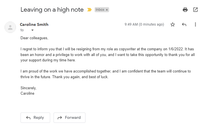 Príklad e-mailu s výpoveďou