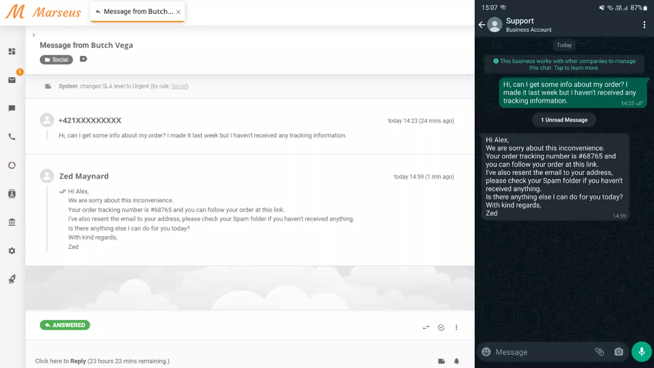 Správa WhatsApp zobrazená ako ticket v LiveAgent