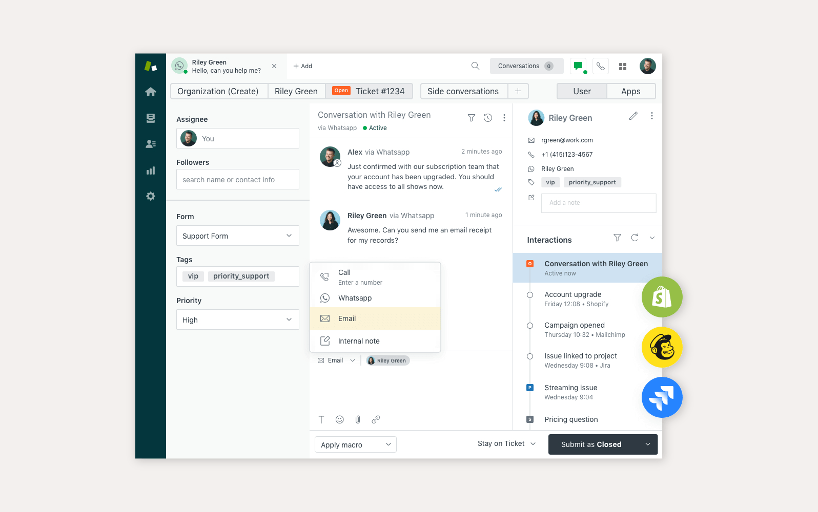 Rozhranie call centra Zendesk