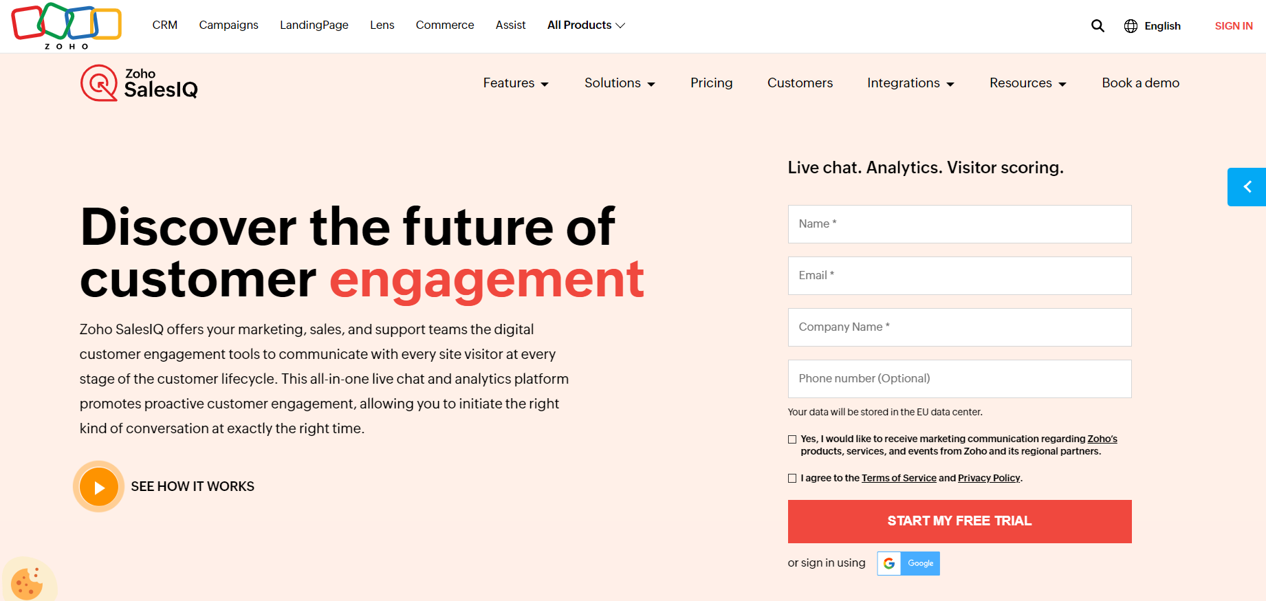 Domovská stránka Zoho SalesIQ - software na live chat pre zákazníckú angažovanosť e-commerce